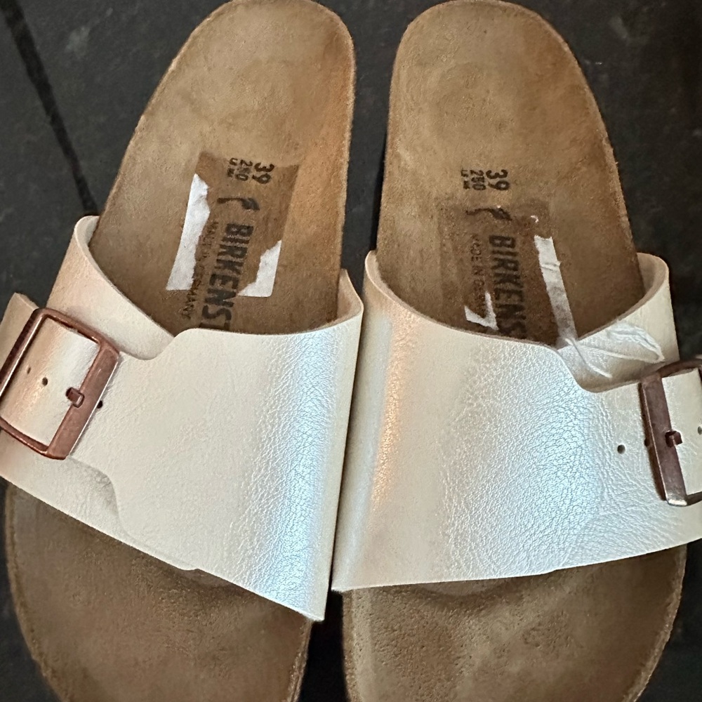 Birkenstock Cream Leather Slides